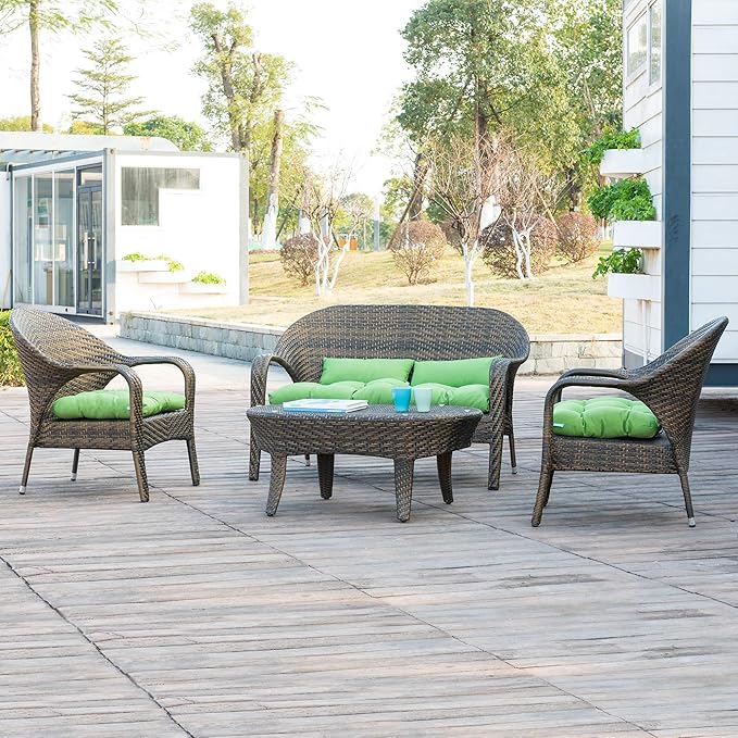 QILLOWAY Patio Cushions, 5 Piece Set - Outdoor Wicker Seat Cushions for Loveseat/Bench, All Weather, Green, Polyester Fill, Medium Firmness, Recyclable