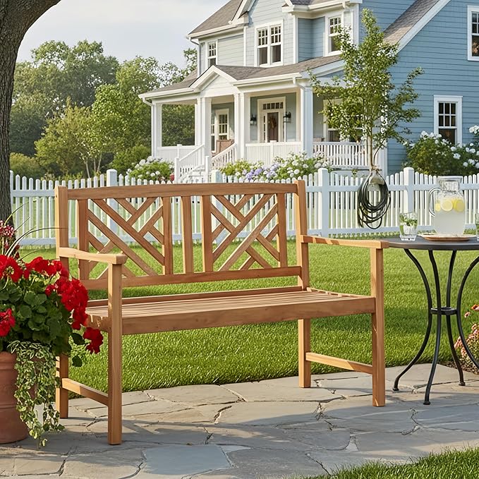 Tangkula Patio Acacia Wood Bench, 2-Person Outdoor Loveseat Chair, Cozy Armrest & Backrest, Sturdy Acacia Wood Frame, Outdoor Slatted Seating Bench for Backyard, Garden, 800 lbs Max Load