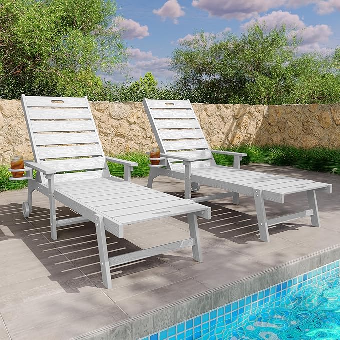 YEFU Lounge Chair Outdoor Set of 2: Outdoor Chaise Lounge with 5-Level Adjustable Backrest, Cup Holders & Wheels, All-Weather Resistance Chaise Lounge for Outside/Patio/Beach/Deck, White