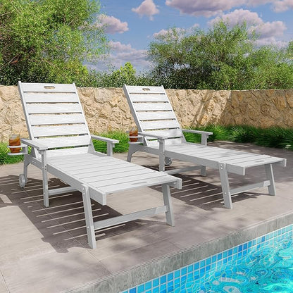 YEFU Lounge Chair Outdoor Set of 2: Outdoor Chaise Lounge with 5-Level Adjustable Backrest, Cup Holders & Wheels, All-Weather Resistance Chaise Lounge for Outside/Patio/Beach/Deck, White