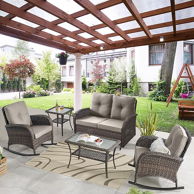 Belord 5 Piece Outdoor Conversation Patio Furniture Set - All-Weather Wicker Patio Rocking Chairs with Loveseat Glider - Photo 1