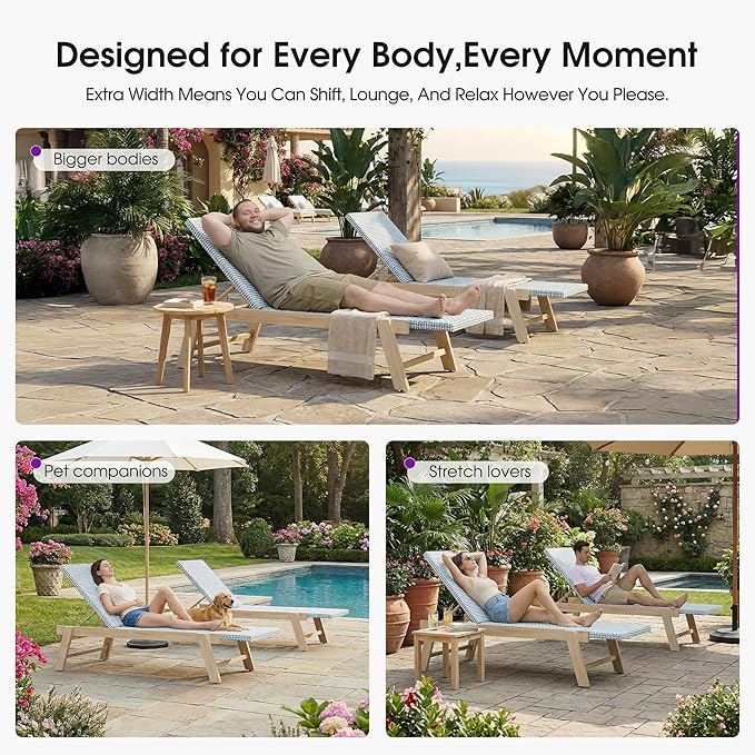 PURPLE LEAF Extra Large Patio Chaise Lounge 2 Pieces French Outdoor Wicker Lounger Matte White Aluminum Frame 771LBS Capacity PE Rattan Adjustable Backrest for Pool Garden Beach Backyard Light Blue