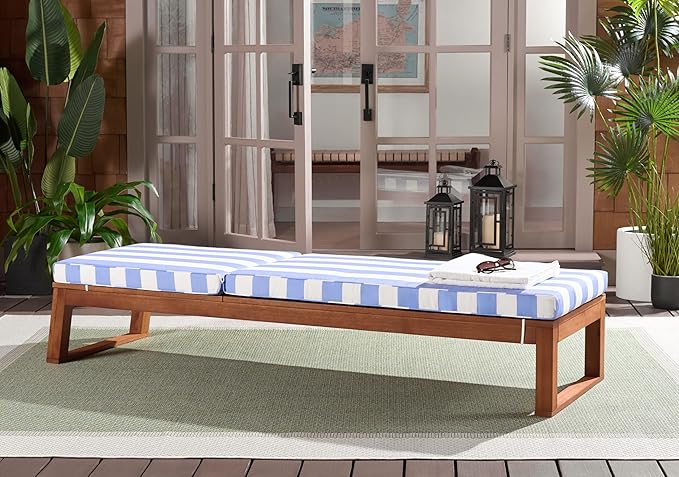 SAFAVIEH Outdoor Patio Furniture Collection - Sophie Natural Brown Solid Wood Chaise Lounge Chair, Adjustable Reclining, Baby Blue Stripe Cushion (PAT7101U)