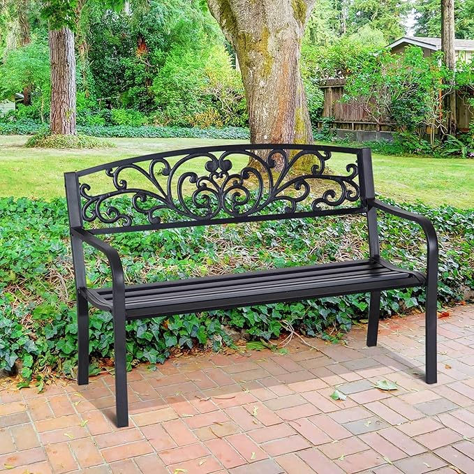50" Outdoor Bench, Metal Garden Bench with Floral Pattern Backrest, Porch Bench with Slatted Seat for Park, Yard, Lawn, Black