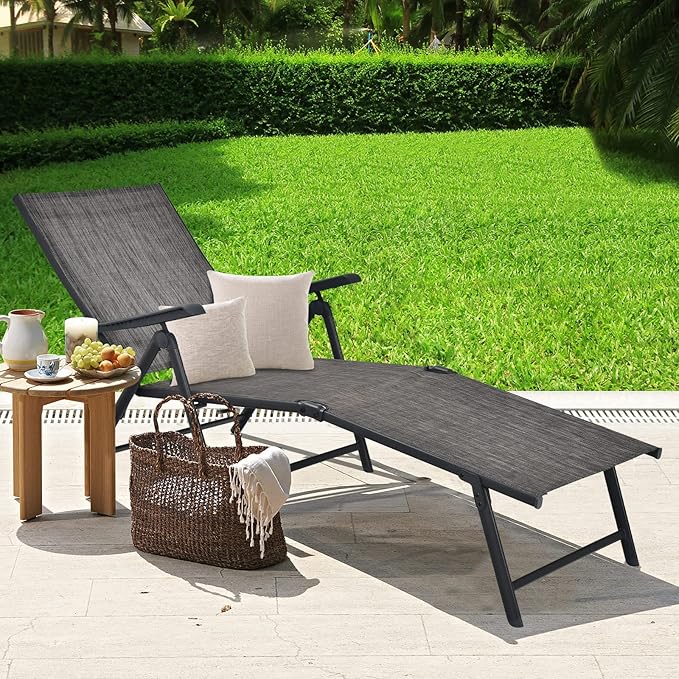 Tangkula Folding Lounge Chair Outdoor, Recliner Chaise Lounge with 5-Position Adjustable Backrest & 2-Position Footrest, No Assembly Required, Suitable for Patio Poolside Beach Yard (1, Grey)