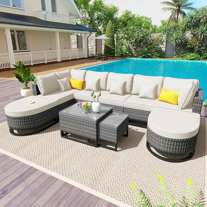 Quarte 7 Pieces Outdoor Patio Furniture Sofa Set with Coffee Table and Pillows, Rattan Conservation Sectional Free Combination Set for Garden, Deck (Beige/M1)