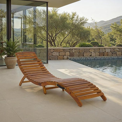 SAFAVIEH Outdoor Patio Furniture Collection - Fanty Brown Solid Wood Folding Chaise Lounge Chair, Slatted Teak-Style Design, Portable Sun Lounger with No Cushion (PAT6803A)