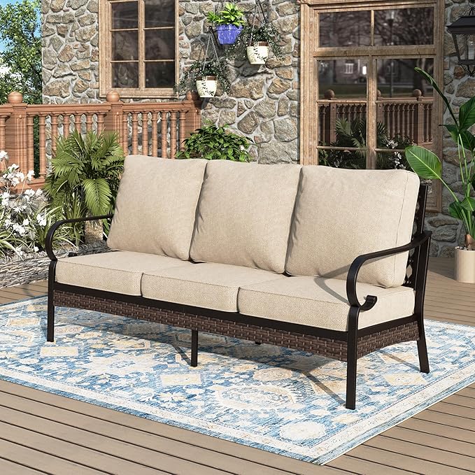 Patio Furniture Sofa, 3-Seat Patio Sofa Steel Frame Outdoor Sectional Couch with Deep Seating and 5.75” Cushions for - Photo 1