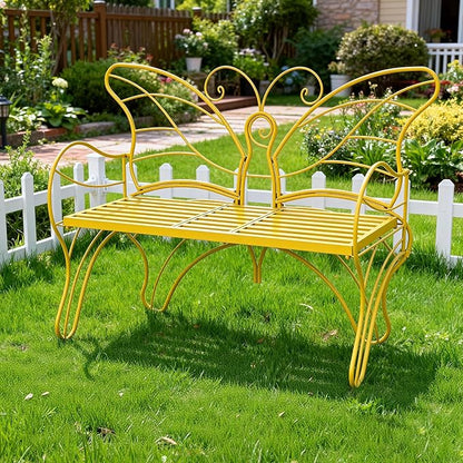 Outdoor Bench Patio Outdoor Garden Bench with Built-in Table, Butterfly Bench for Outside, 3 People Outdoor Bench Garden Bench Front Porch Furniture (Yellow, 49.2inch)