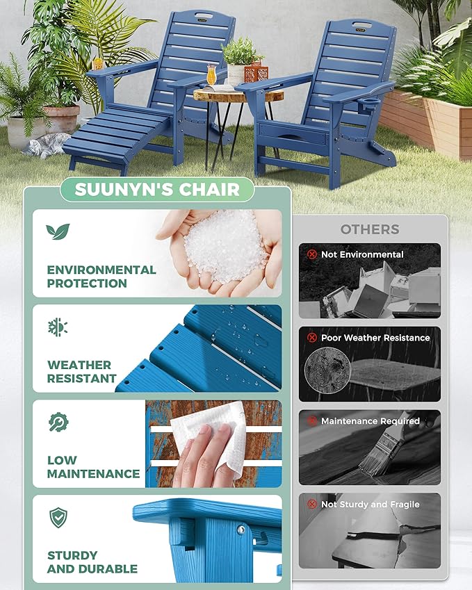 Folding Adirondack Chair with Retractable Ottoman Weather Resistant Fire Pit Chair Patio Chair with 2 Cup Holder Lawn - Photo 5
