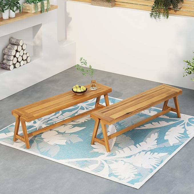 Goujxcy 2-Pack Outdoor Bench Patio Garden Bench, 63'' Outside Chair with Slatted Seat, Wood Frame, Dining Bench Chair for Yard, Park, Balcony