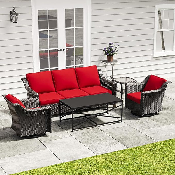 5 Pieces Outdoor Conversation Furniture Set - 77" Patio Sofa, 2 Swivel Rocker Chairs, 1 Side Table, 1 Metal Coffee Table - Photo 1