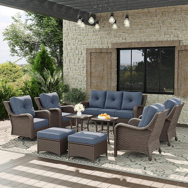 9 Piece Patio Furniture Set, All-Weather Wicker Outdoor Conversation Set with Swivel Rocking Chair and 6 Inch Thick - Photo 1