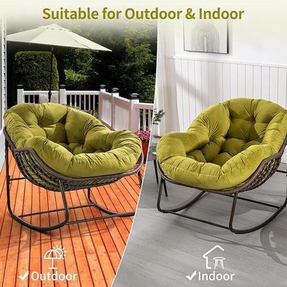 HOMEFUN Outdoor Patio Rocking Chairs Set of 2, Oversized Papasan Rock Chair Indoor with Velvet Padded Cushion - Rocker Egg Seat for Front Porch, Garden, Backyard Olive