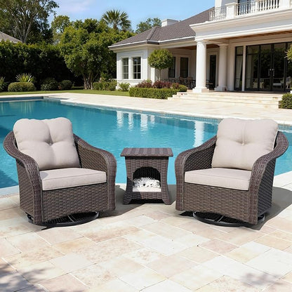 Wicker Swivel Rocking Chairs Set 2 with Storage Side Table - Outdoor Brown Wicker Swivel Glider Chair Outdoor Rocking Chair with Water-Resistant Cushions, Beige