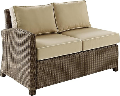 Crosley Furniture Bradenton Outdoor Sectional Left Side Loveseat, 2-Person Wicker Patio Couch for Deck, Brown with Sand Cushions