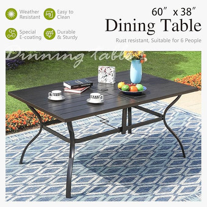 Sophia & William Outdoor Patio Table for 6 People, Rectangular Metal Patio Outdoor Dining Table, Black Steel Slatted Weather-Resistant Table with 2" Adjustable Umbrella Hole, L60 * W38 * H28