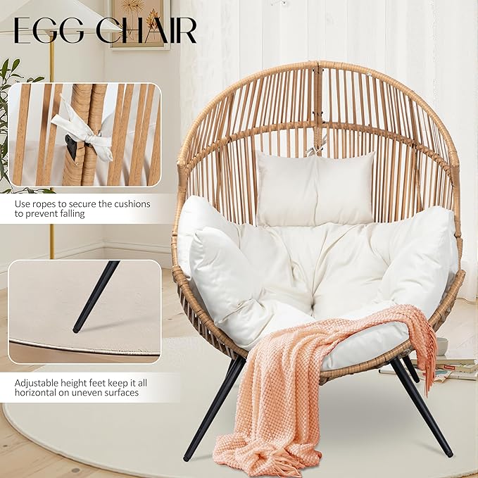 JAMFLY Wicker Egg Chair - Rattan Patio Chair with Cushion, Indoor-Outdoor Lounge Egg Basket Seat for Living Room - Photo 3