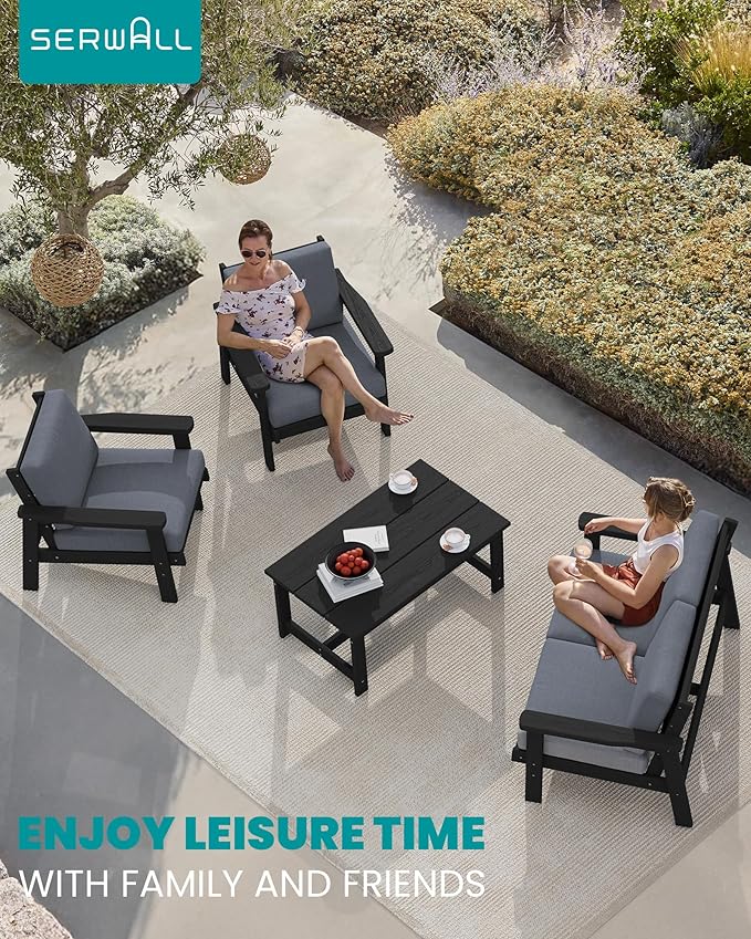 SERWALL 4 Piece HDPE Outdoor Furniture Set, All Weather Wood-Like Outdoor Sofa Sectional Couch - Photo 9