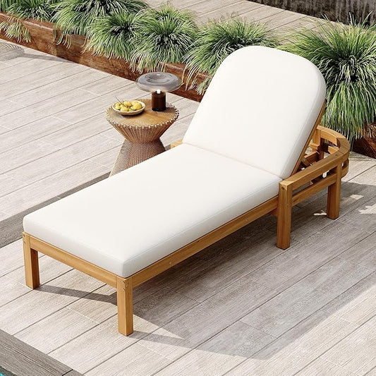 Merax Luxury Outdoor Chaise Lounge Chairs with 4 Inch Thick Cushions, Patio Chaise Lounge Chair with 5-Position Adjustable Backrest, Acacia Wood Patio Recliners Lounger for Poolside - Light Teak