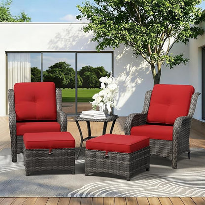 5 Piece Outdoor Wicker Patio Furniture Set, Patio Chairs Set with Thickened Olefin Cushions, High Back and Deep Seating, Hand-Woven PE Rattan, Ottoman for Porch, Deck