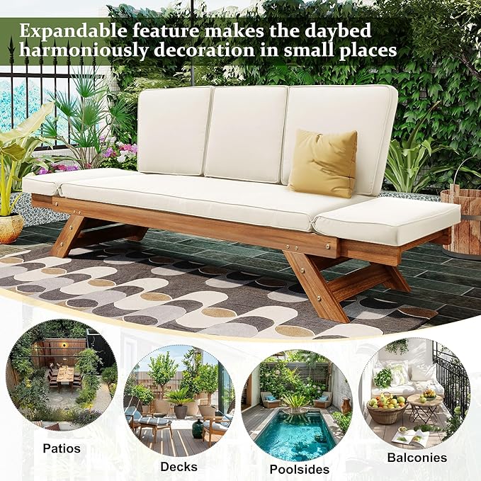 Merax Patio Sofa, Outdoor Adjustable Wooden Daybed, Chaise Lounge with Cushions, Natural+Beige - Photo 6