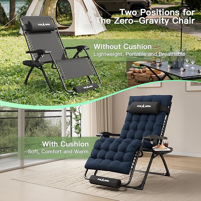 Amopatio Oversized Padded Zero Gravity Chair, XL 29In Reclining Camping Lounge Chair w/Removable Cushion&Headrest - Photo 6