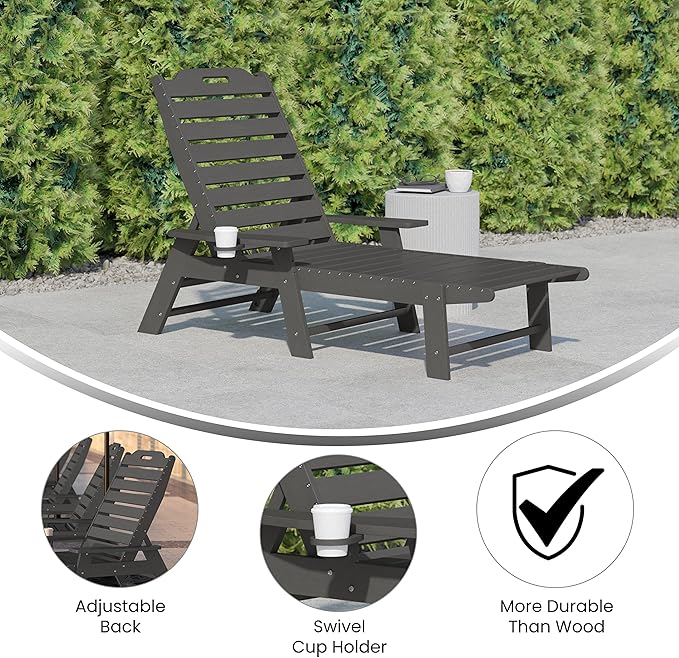 Flash Furniture Monterey Adjustable Adirondack Lounger with Cup Holder- All-Weather Indoor/Outdoor HDPE Lounge Chair, Gray