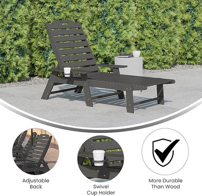 Flash Furniture Monterey Adjustable Adirondack Lounger with Cup Holder- All-Weather Indoor/Outdoor HDPE Lounge Chair, Gray