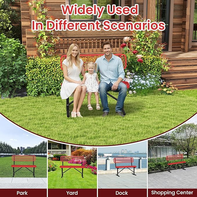 4ft Metal Park Bench with Back, Red Heavy-Duty Steel Outdoor Bench Dock Bench Weatherproof Long Bench Seats, Commercial Garden Benches for Lawn, Park, Deck, Garden, Patio, Porch, Easy Installation
