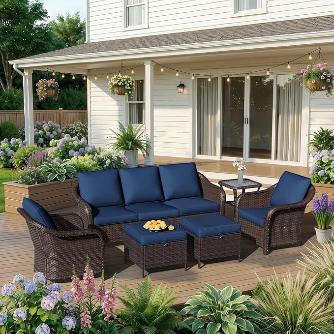 6 Piece Patio Wicker Conversation Set, All-Weather Use Outdoor Wicker Sofa with 2 PE Rattan Ottomans, 2 Chair - Photo 1