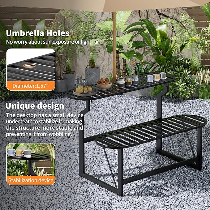Convertible Bench, 2 in 1 Carbon Steel Picnic Table, Transforming Interchangeable Outdoor Table with Umbrella Hole - Photo 6