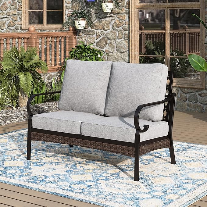 Patio Furniture Sofa, Love-Seat Patio Sofa Steel Frame Outdoor Sectional Couch with Deep Seating and 5.75” Cushions for - Photo 1