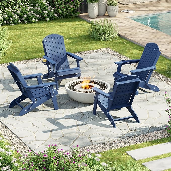 HDPE Foldable Adirondack Outdoor Chair Set of 4 with Cup Holder, Weather Resistant Heavy-Duty Patio Chair for Patio, Backyard, Deck, Fire Pit, Lawn and Porch, Navy Blue