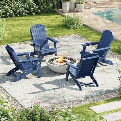 HDPE Foldable Adirondack Outdoor Chair Set of 4 with Cup Holder, Weather Resistant Heavy-Duty Patio Chair for Patio, Backyard, Deck, Fire Pit, Lawn and Porch, Navy Blue