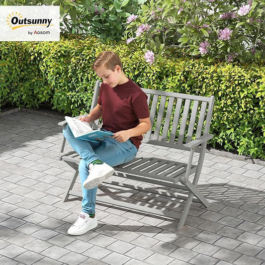 Outsunny Wood Outdoor Bench, 2-Person Foldable Patio Acacia Wood Garden Bench with Backrest and Armrests for Garden, Porch, Park, Balcony, Gray