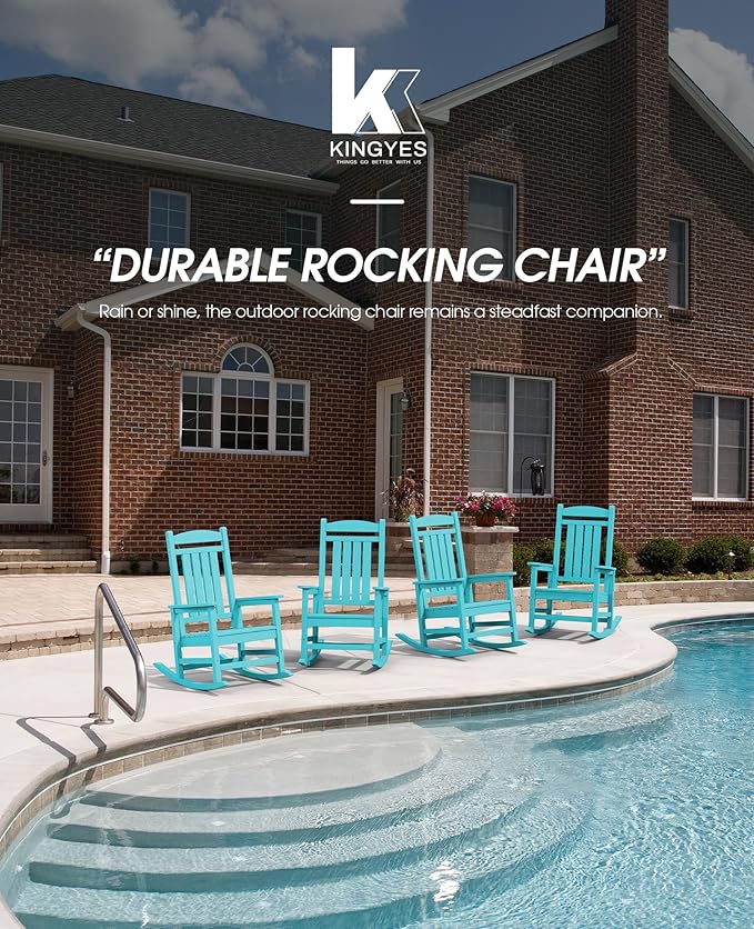 KINGYES Outdoor Rocking Chair Set of 2, HDPE Patio Rocking Chairs with 330lbs Support for Adults, Aruba Blue