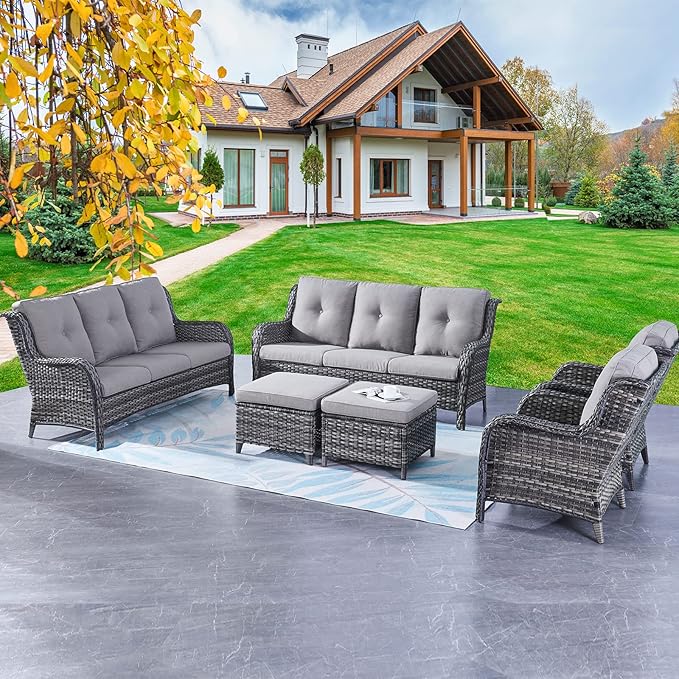 Rilyson Wicker Patio Furniture Set - 6 Piece Rattan Outdoor Sectional Conversation Sets with 2 Sofa - Photo 1