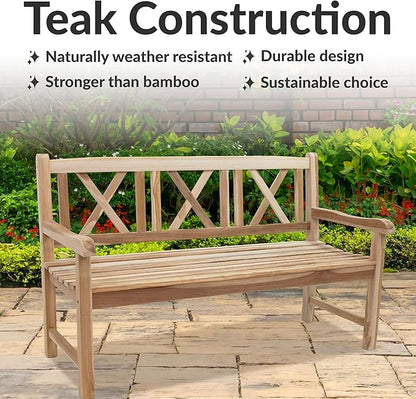 Sunnydaze 2-Person Outdoor Bench for Front Porch or Park - Wooden Teak Patio Garden Bench with Backrest - 675 lb Weight Capacity - Crossback