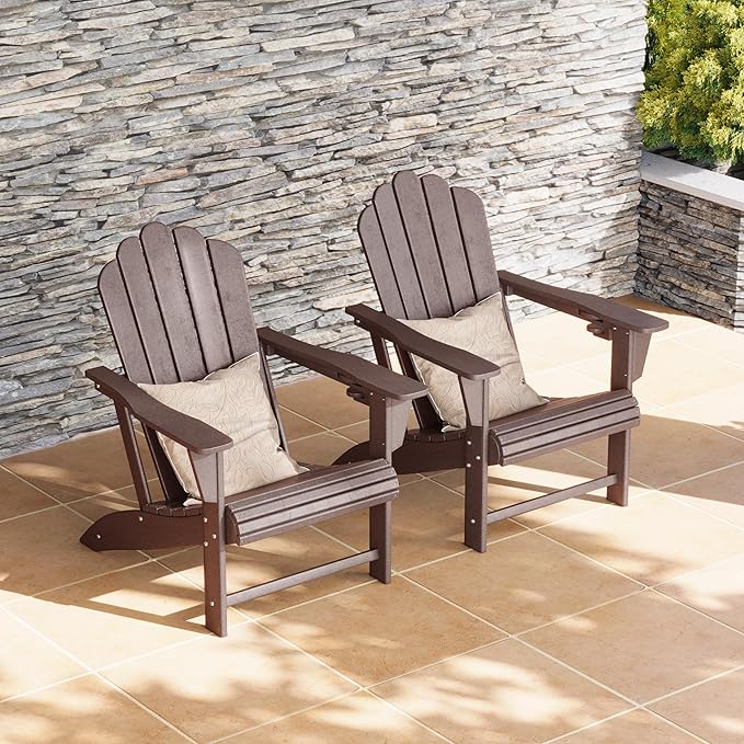 Costaelm Lakeview Outdoor Patio HDPE Adirondack Chairs with Cup Holders (Set of 2), Dark Brown