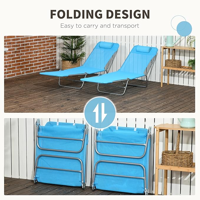 Outsunny 2 Piece Folding Chaise Lounge Chairs, Pool Sun Tanning Chairs with Reclining Back, Breathable Mesh Seat - Photo 5