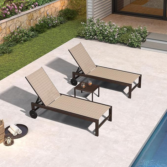 PURPLE LEAF Outdoor Chaise Lounge Chair Set of 3, Pool Lounge Chair for Outside, Patio Chaise Lounger with Adjustable Backrest and Wheels for Deck, Outside, Lawn, Garden, Light Tan
