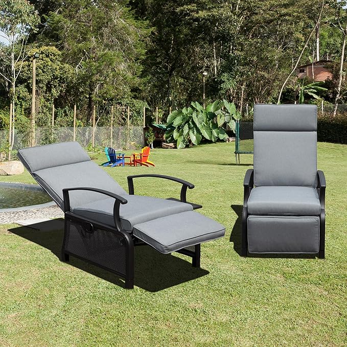 Domi Adjustable Patio Recliner Chair Metal Outdoor Lounge Chair with Flip Table Push Back, Adjustable Angle, Removable Cushions, Support 350lbs, Gray