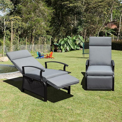 Domi Adjustable Patio Recliner Chair Metal Outdoor Lounge Chair with Flip Table Push Back, Adjustable Angle, Removable Cushions, Support 350lbs, Gray
