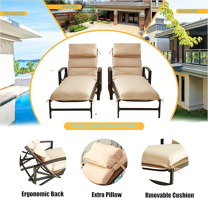 LOKATSE Home 2 Pieces Outdoor Patio Chaise Lounge Chair Blue Removable Cushions and Pillows with Adjustable Backrest and Armres Reclining Chairs for Beach Poolside Balcony Backyard Garden