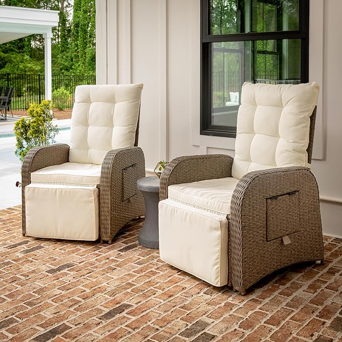 Flash Furniture Nemo Indoor/Outdoor Patio Wicker Rattan Recliner, Lounge Chair with Flip-Up Side Table, Set of 2, Beige/Brown