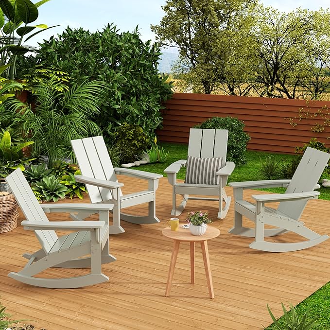 WestinTrends Ashore Patio Rocking Chairs Set of 4, All Weather Poly Lumber Plank Adirondack Rocker Chair, Modern Farmhouse Outdoor Rocking Chairs for Porch Garden Backyard and Indoor, Sand