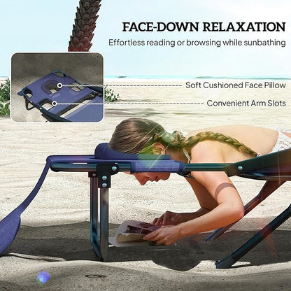 Outsunny Tanning Chaise Lounge Chair, 4-Position Beach Chair with Face & Arm Holes, Pillow headrest, Adjustable Sunbathing Chair, Navy Blue
