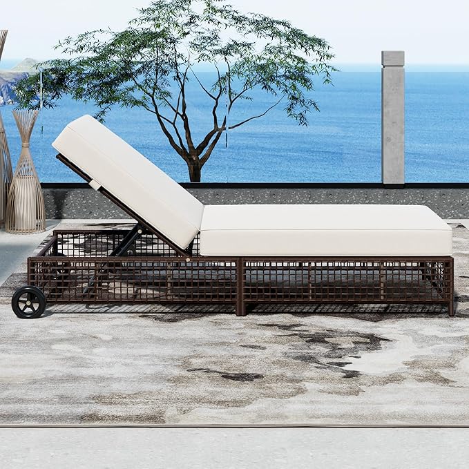 Sleek Outdoor Patio Chaise Lounge with 5-Position Adjustable Backrest, All-weather Rattan Lounge Chair Reclining with Cushion and Wheels for Porch Backyard Balcony Poolside Garden (Brown+Beige1)