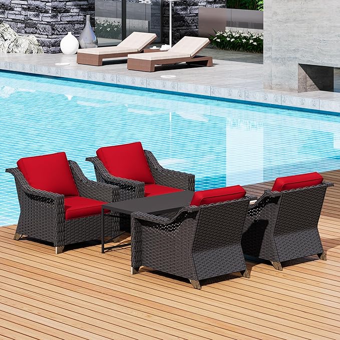 5 Pieces Outdoor Conversation Furniture Set - 4 PE Rattan Armchairs, 1 Metal Coffee Table - Photo 5